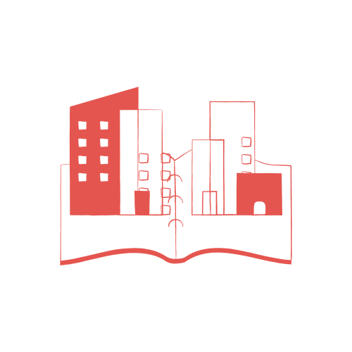 Cityscape with bold red outlines on a black background, featuring prominent buildings and a wavy line suggesting water.