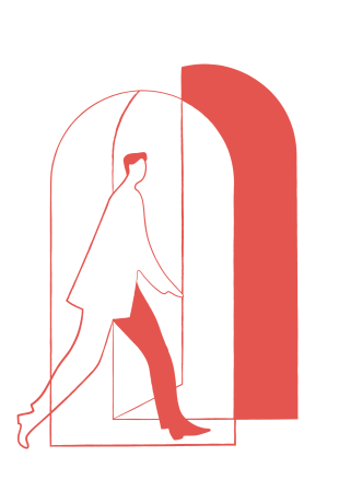 Silhouette di una persona che cammina attraverso un'apertura arcuata rossa.