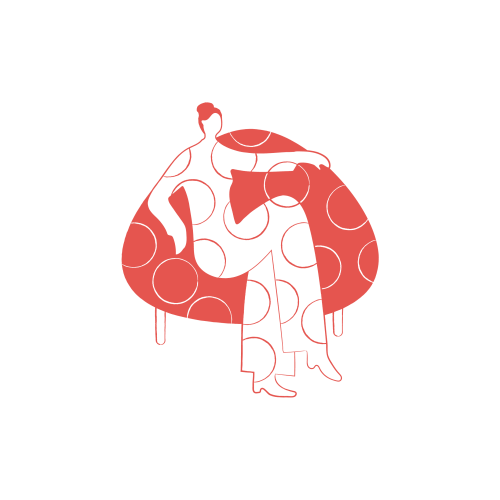 Red graphic on black background featuring a seated figure and an abstract standing figure with circular clothing outlines.