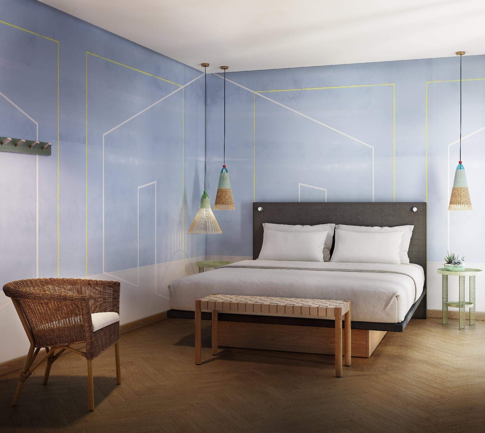 Modern bedroom featuring a bed, wicker chair, wooden bench, pendant lamps, and light blue-gray walls with geometric decor.