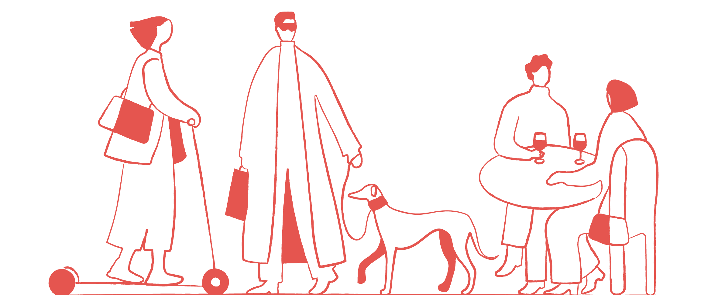 Stylized illustration of four figures and a dog on a black background, depicting everyday life activities.