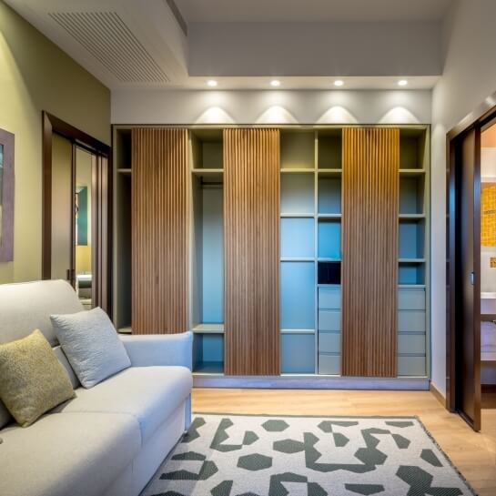 Salon avec canapé, placard intégré et tapis à motifs.