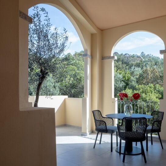 Balcony with round table, red flowers, chairs, and tree view.   Balcon avec table ronde, fleurs rouges, chaises et vue sur les arbres.