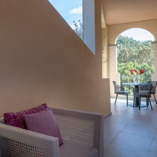 Sofa blanc avec coussins violets, table extérieure et fleurs rouges.