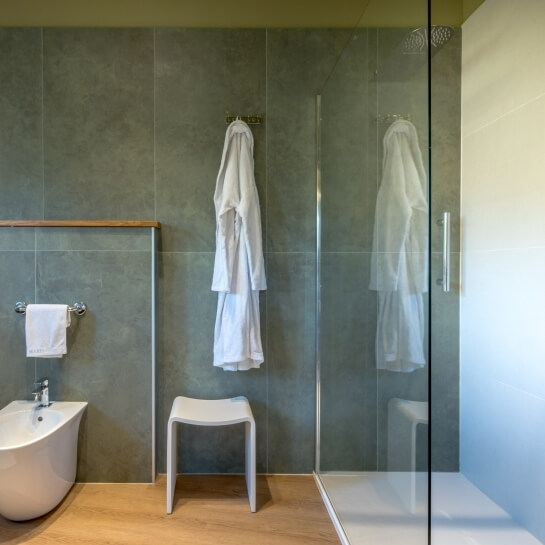 Salle de bain avec bidet, douche en verre et peignoirs accrochés.