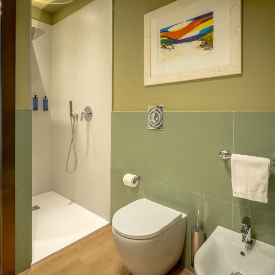 Salle de bain moderne avec douche, toilettes, bidet et serviette.