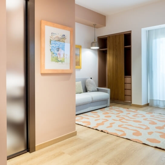 Salon avec canapé, tapis, placard et tableau accroché au mur.