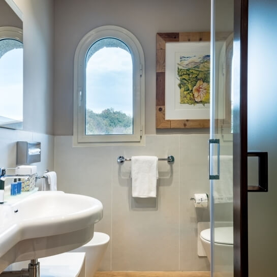 Salle de bain avec lavabo, toilettes, serviette, fenêtre et douche.