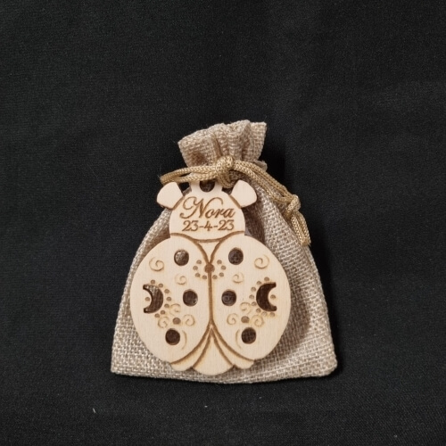 Ornamento di legno a forma di coccinella con il nome "Nora" e la data "23-4-23" su sfondo scuro.